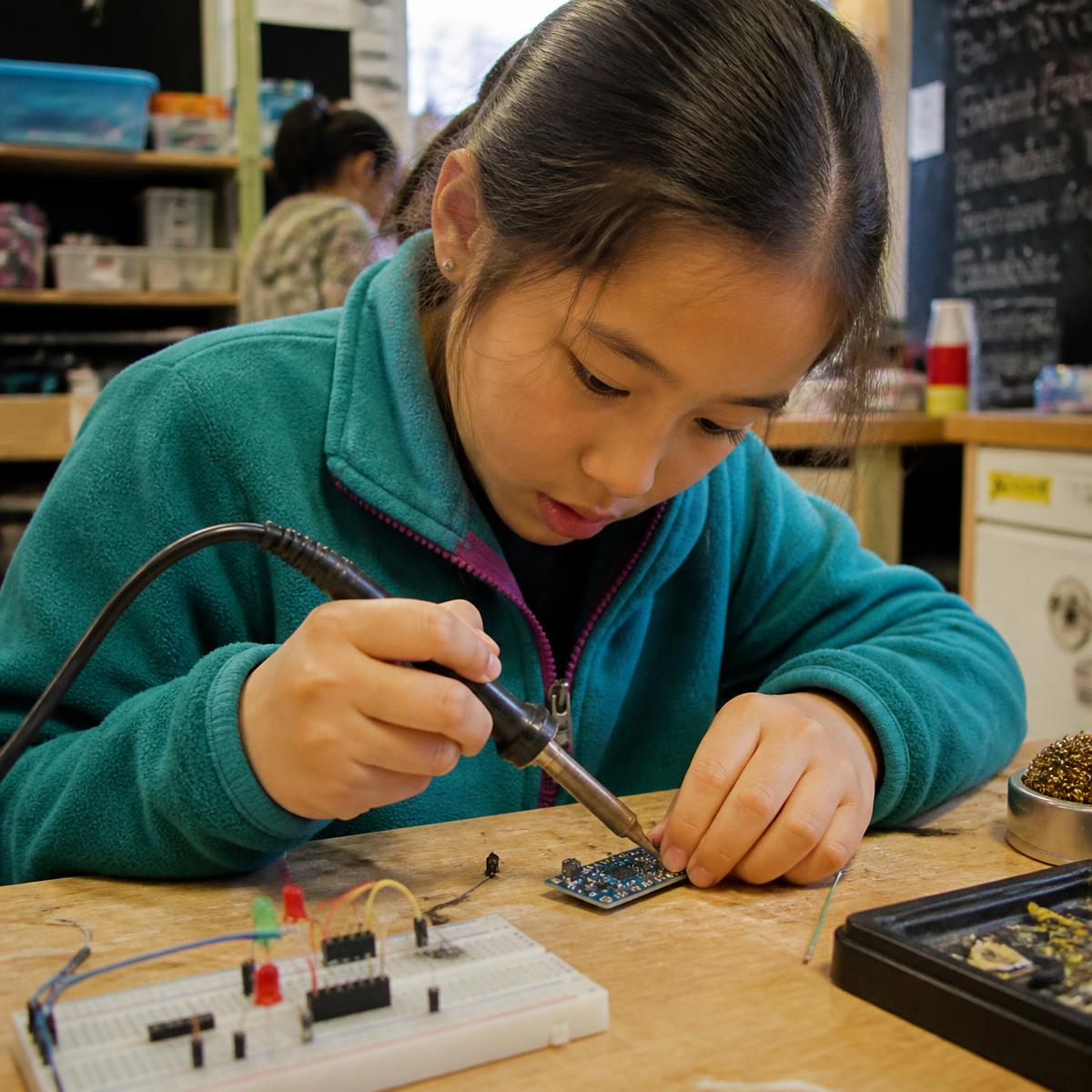 A young girl carefully soldering a circuit board at a Kids in Tech workbench