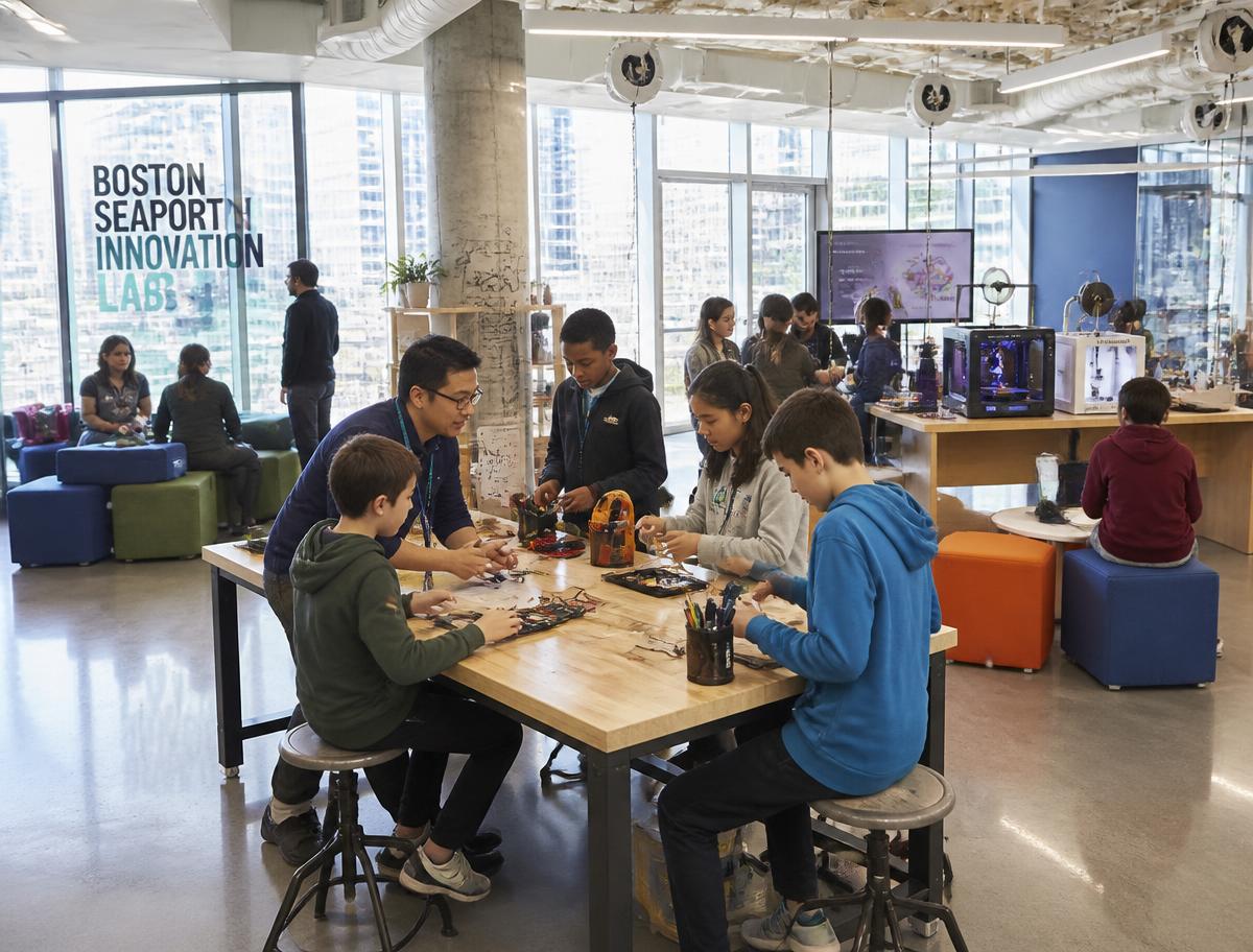 Kids and mentors working together at benches inside the Boston Seaport Public Innovation Lab
